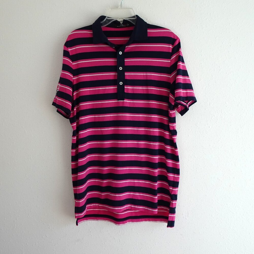 RLX Ralph Lauren Polo Shirt Men's Size M Pink Blue Stripe Wicking Golf Outdoor